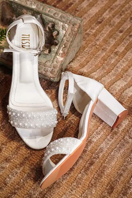 Buy Cream Embroidered Faux Leather Block Heels | 3261/SOH29AUG | The loom