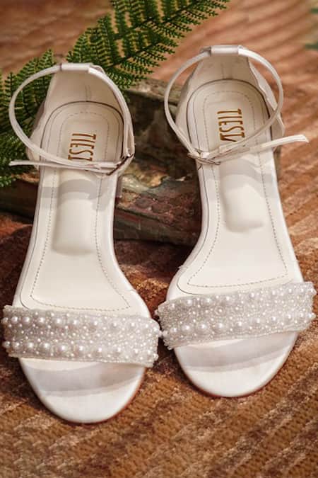 Tiesta_White Embroidery Pearl Embellished Block Heels _Online_at_Aza_Fashions