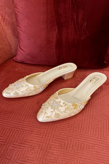 Shop Tiesta Gold Embroidery, Crystals Chandelier Embellished Mule Block Heels at Aza Fashions Shop_Tiesta_Gold Embroidery, Crystals Chandelier Embellished Mule Block Heels _at_Aza_Fashions