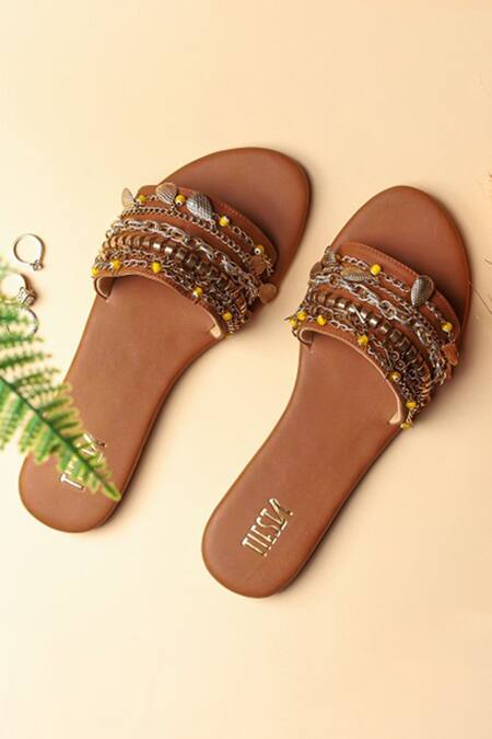 Shop Tiesta Brown Jewel Embellished Sliders at Aza Fashions Shop_Tiesta_Brown Jewel Embellished Sliders_at_Aza_Fashions