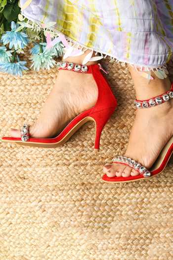 Tiesta Red Embroidery Kash Stilettos Online at Aza Fashions Tiesta_Red Embroidery Kash Stilettos _Online_at_Aza_Fashions