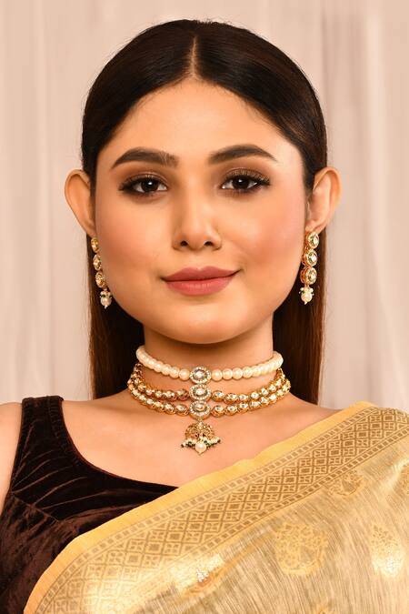 Minaki_Gold Plated Pearls, Diamonds Layered Kundan And Choker Set _Online_at_Aza_Fashions