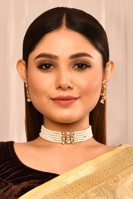 Minaki_Gold Plated Pearls, Gota Patti Multi Layered Choker Set_Online_at_Aza_Fashions