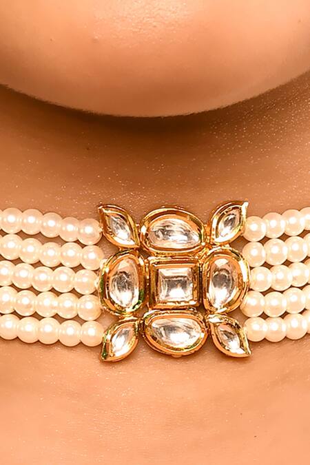 Buy_Minaki_Gold Plated Pearls, Gota Patti Multi Layered Choker Set_Online_at_Aza_Fashions
