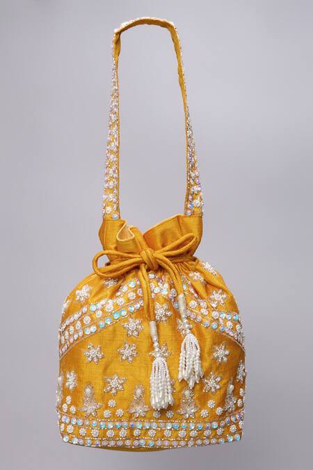 Ornatte_Yellow Embroidery Ritika Potli Bag_Online_at_Aza_Fashions