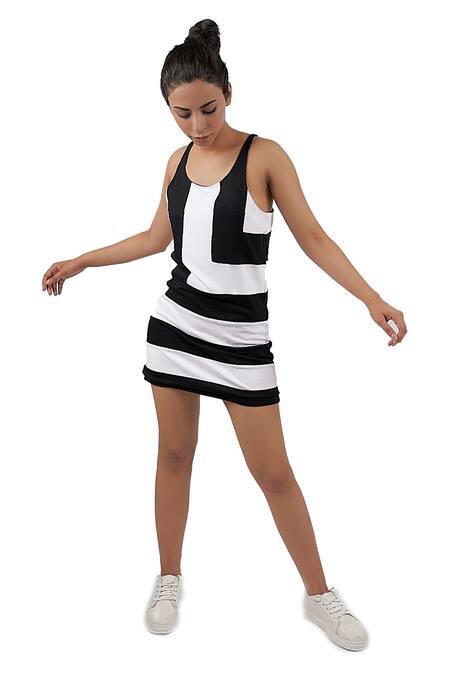 All2defy_Black Mesh And Dot Net Print Stripes Round Colorblock Dress With Inner_Online_at_Aza_Fashions