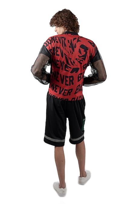 All2defy_Black Mesh And Dot Net Print Typographic Reversible Jacket_at_Aza_Fashions