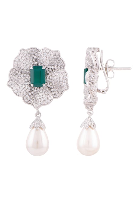 Pearl Earrings With Princess-Cut Emeralds - HALLEH – HALLEH