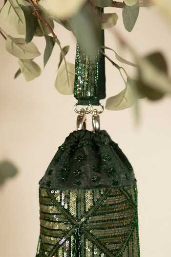 Shop Aamli Green Embroidery, Beads Jubaida Sequin Work Bucket Bag at Aza Fashions Shop_Aamli_Green Embroidery, Beads Jubaida Sequin Work Bucket Bag _at_Aza_Fashions