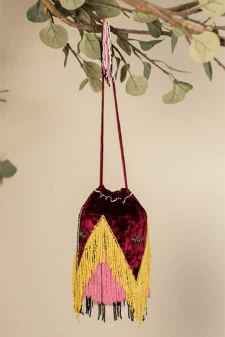 Aamli Maroon Embroidered Maskali Tokri Bead Work Bucket Bag 