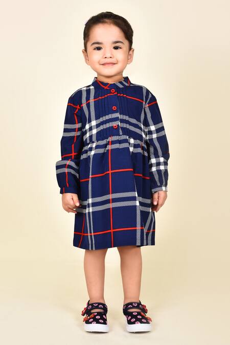 Pankhuri By Priyanka_Blue Crepe Print Checkered Dress_Online_at_Aza_Fashions