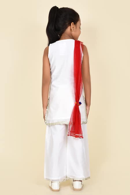 Shop Pankhuri By Priyanka White Chanderi Lace, Pom-poms Kurta Palazzo Set at Aza Fashions Shop_Pankhuri By Priyanka_White Chanderi Lace, Pom-poms Kurta Palazzo Set _at_Aza_Fashions