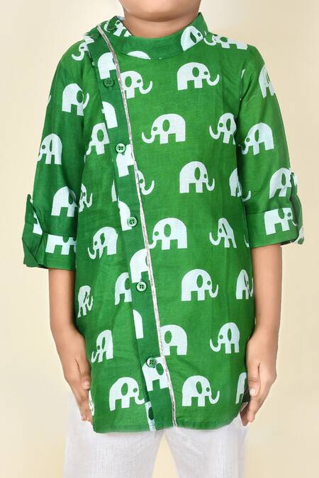 Pankhuri By Priyanka Green Cotton Elephant Print Kurta And Pant Set at Aza Fashions Pankhuri By Priyanka_Green Cotton Elephant Print Kurta And Pant Set _at_Aza_Fashions