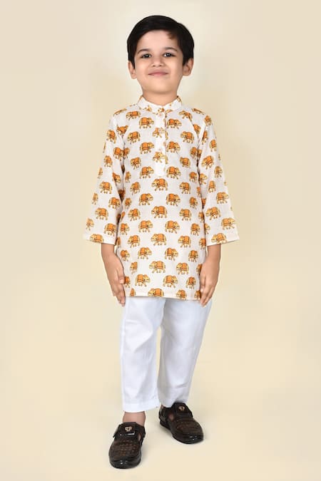 Pankhuri By Priyanka Yellow Cotton Embroidery Elephant Print Kurta And Pant Set 