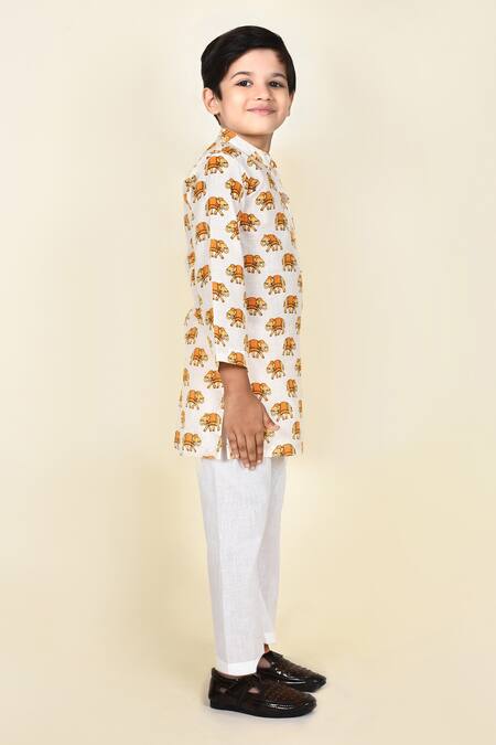 Pankhuri By Priyanka Yellow Cotton Embroidery Elephant Print Kurta And Pant Set Online at Aza Fashions Pankhuri By Priyanka_Yellow Cotton Embroidery Elephant Print Kurta And Pant Set _Online_at_Aza_Fashions