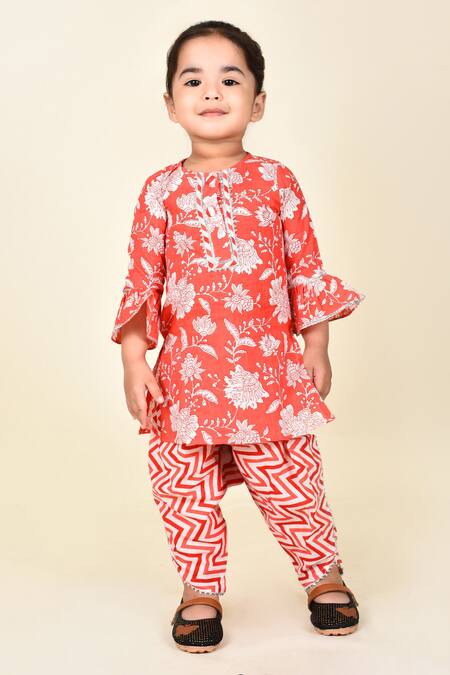 Pankhuri By Priyanka_Red Cotton Embroidery Floral Print Kurta And Tulip Pant Set _Online_at_Aza_Fashions