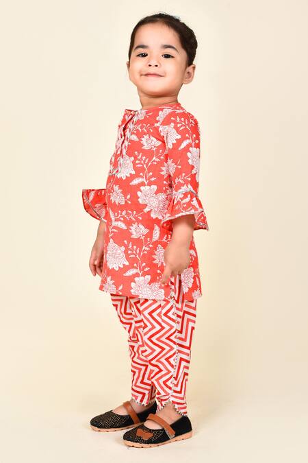 Buy_Pankhuri By Priyanka_Red Cotton Embroidery Floral Print Kurta And Tulip Pant Set _Online_at_Aza_Fashions