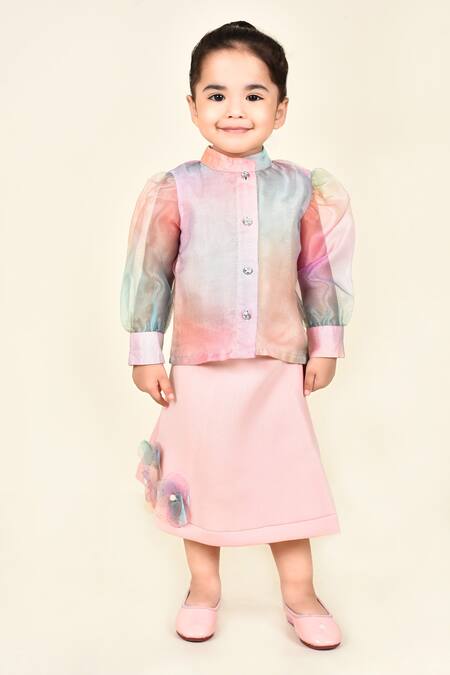 Pankhuri By Priyanka Pink Organza Embroidery Band Collar Shirt And Skirt Set Online at Aza Fashions Pankhuri By Priyanka_Pink Organza Embroidery Band Collar Shirt And Skirt Set _Online_at_Aza_Fashions