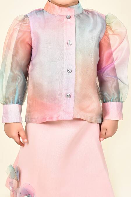 Pankhuri By Priyanka Pink Organza Embroidery Band Collar Shirt And Skirt Set at Aza Fashions Pankhuri By Priyanka_Pink Organza Embroidery Band Collar Shirt And Skirt Set _at_Aza_Fashions