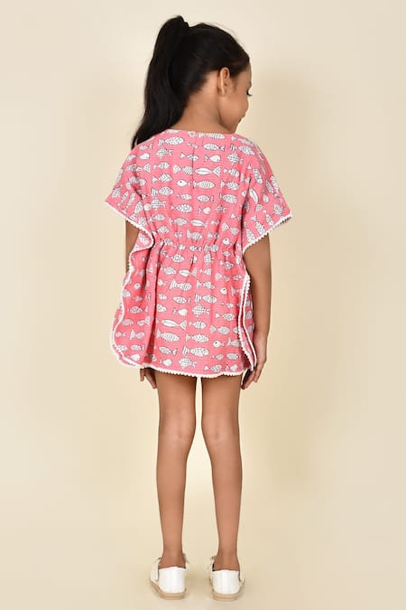 Shop Pankhuri By Priyanka Pink Cotton Fish Print Kaftan Dress at Aza Fashions Shop_Pankhuri By Priyanka_Pink Cotton Fish Print Kaftan Dress _at_Aza_Fashions