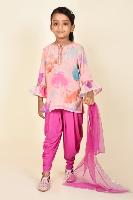 Pankhuri By Priyanka Pink Georgette, Crepe, Lycra, Net Gota Patti Digital Print Kurta Dhoti Pant Set 