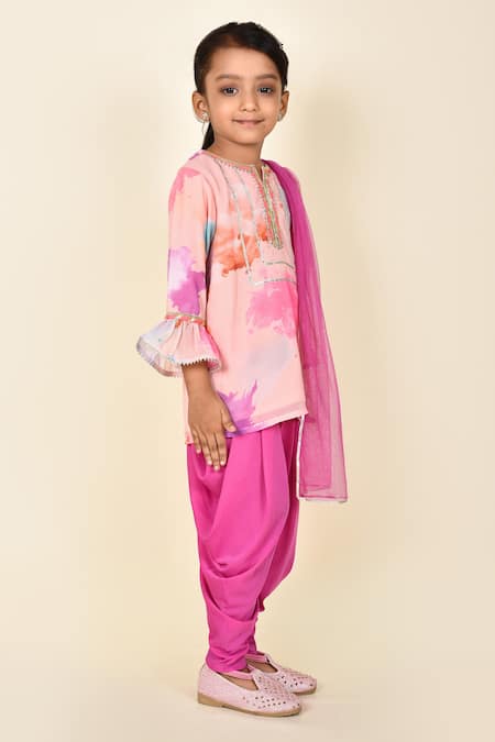 Pankhuri By Priyanka_Pink Georgette, Crepe, Lycra, Net Gota Patti Digital Print Kurta Dhoti Pant Set _Online_at_Aza_Fashions