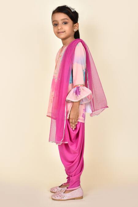 Buy_Pankhuri By Priyanka_Pink Georgette, Crepe, Lycra, Net Gota Patti Digital Print Kurta Dhoti Pant Set _Online_at_Aza_Fashions