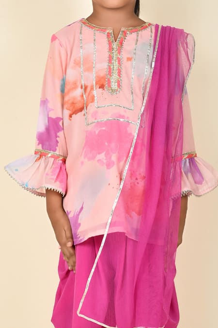 Pankhuri By Priyanka_Pink Georgette, Crepe, Lycra, Net Gota Patti Digital Print Kurta Dhoti Pant Set _at_Aza_Fashions