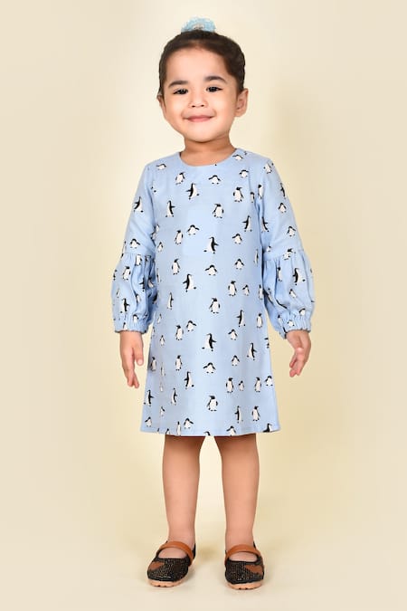 Pankhuri By Priyanka Blue Flannel Penguin Print Dress 