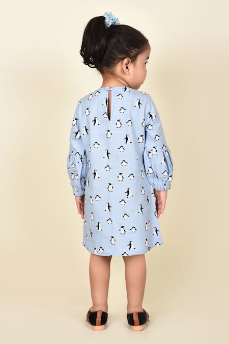 Shop Pankhuri By Priyanka Blue Flannel Penguin Print Dress at Aza Fashions Shop_Pankhuri By Priyanka_Blue Flannel Penguin Print Dress _at_Aza_Fashions