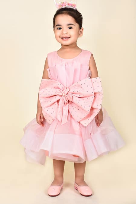 Pankhuri By Priyanka Pink Organza, Crepe Stones Bow Front Frock 