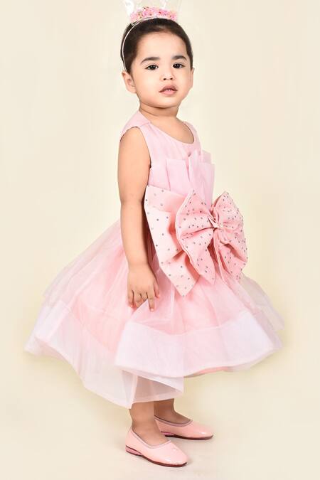 Pankhuri By Priyanka_Pink Organza, Crepe Stones Bow Front Frock _Online_at_Aza_Fashions