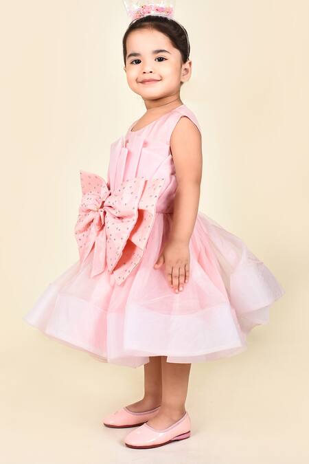 Buy_Pankhuri By Priyanka_Pink Organza, Crepe Stones Bow Front Frock _Online_at_Aza_Fashions