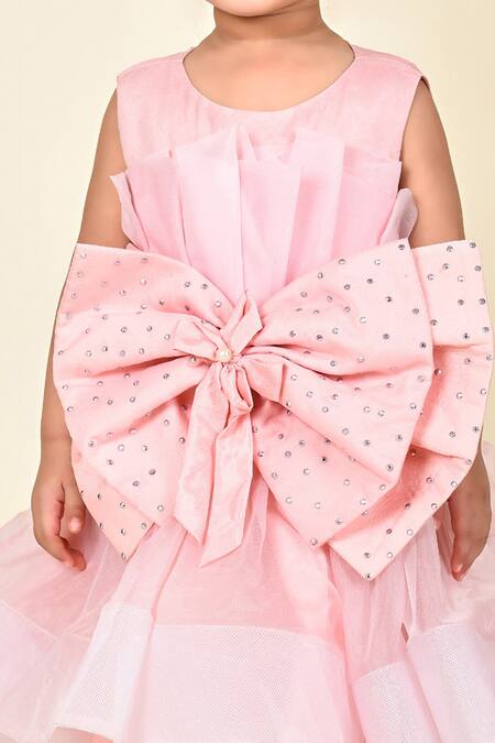 Shop_Pankhuri By Priyanka_Pink Organza, Crepe Stones Bow Front Frock _Online_at_Aza_Fashions