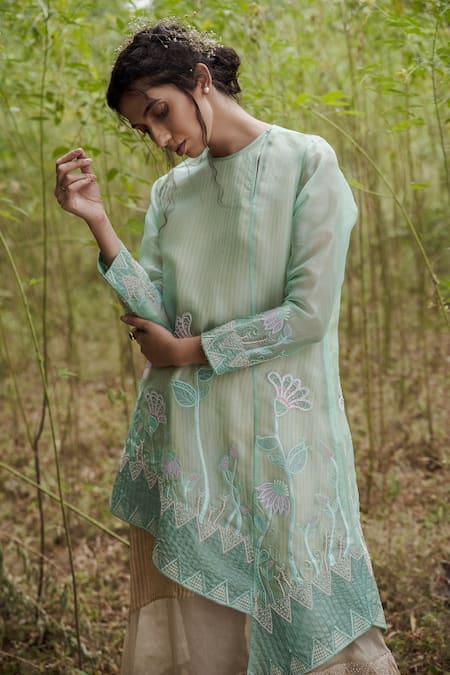 Shop Incheetape Beige Cotton, Organza, Chanderi Floral, Geometric Asymmetric Kurta And Pant Set at Aza Fashions Shop_Incheetape_Beige Cotton, Organza, Chanderi Floral, Geometric Asymmetric Kurta And Pant Set _at_Aza_Fashions