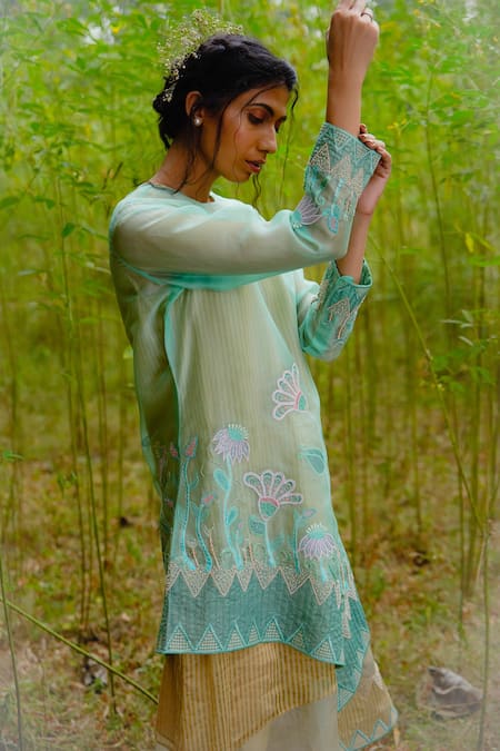 Incheetape Beige Cotton, Organza, Chanderi Floral, Geometric Asymmetric Kurta And Pant Set Online at Aza Fashions Incheetape_Beige Cotton, Organza, Chanderi Floral, Geometric Asymmetric Kurta And Pant Set _Online_at_Aza_Fashions