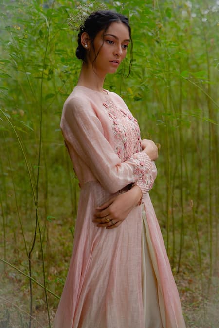 Shop_Incheetape_Beige Silk Linen, Modal Floral Motifs Round Ombre Kurta And Pant Set _at_Aza_Fashions