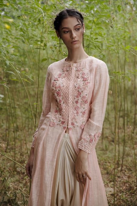Incheetape_Beige Silk Linen, Modal Floral Motifs Round Ombre Kurta And Pant Set _Online_at_Aza_Fashions