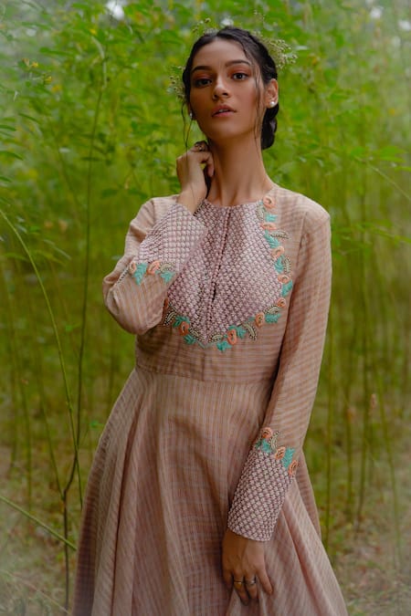 Shop Incheetape Pink Organza, Silk Linen, Modal Floral Motifs Embroidered Anarkali And Pyjama Set at Aza Fashions Shop_Incheetape_Pink Organza, Silk Linen, Modal Floral Motifs Embroidered Anarkali And Pyjama Set _at_Aza_Fashions