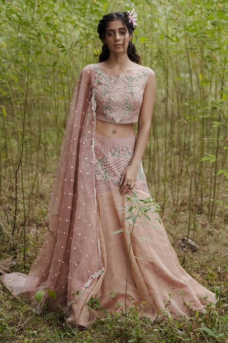 Incheetape Floral Embroidered Lehenga Set 