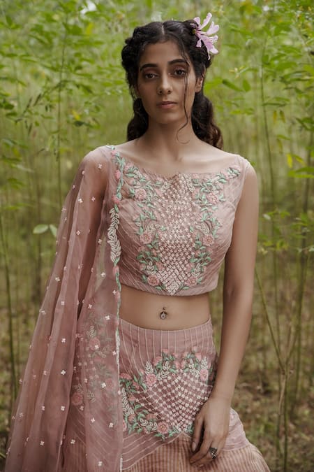 Shop_Incheetape_Pink Organza, Silk Linen Floral Motifs Boat Embroidered Lehenga Set _at_Aza_Fashions