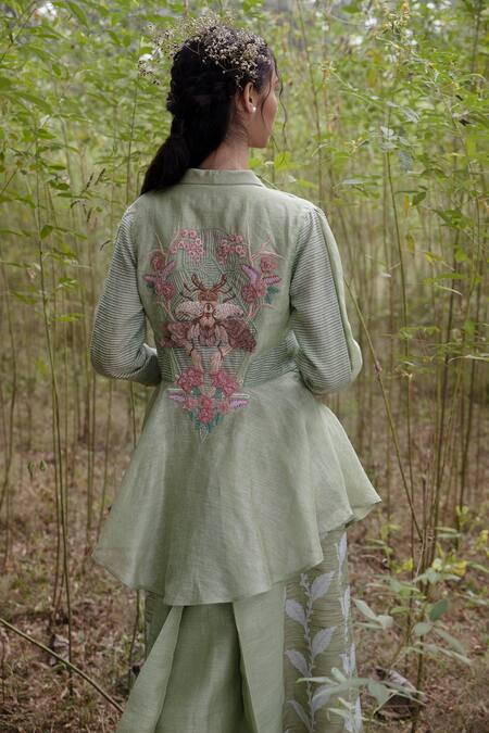 Shop Incheetape Green Cotton, Organza, Silk Linen Floral Motifs Jacket Embroidered And Set at Aza Fashions Shop_Incheetape_Green Cotton, Organza, Silk Linen Floral Motifs Jacket Embroidered And Set _at_Aza_Fashions