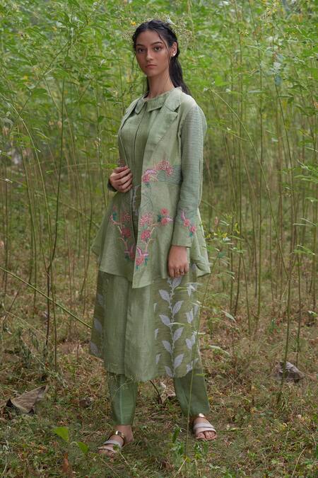 Incheetape Green Cotton, Organza, Silk Linen Floral Motifs Jacket Embroidered And Set Online at Aza Fashions Incheetape_Green Cotton, Organza, Silk Linen Floral Motifs Jacket Embroidered And Set _Online_at_Aza_Fashions