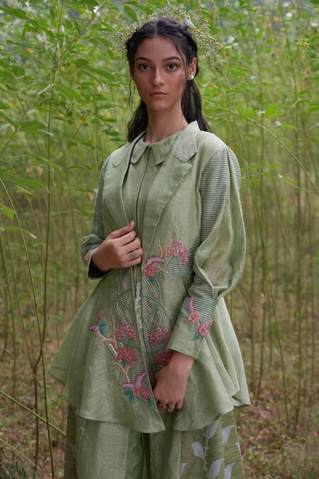 Buy Incheetape Green Cotton, Organza, Silk Linen Floral Motifs Jacket Embroidered And Set Online at Aza Fashions Buy_Incheetape_Green Cotton, Organza, Silk Linen Floral Motifs Jacket Embroidered And Set _Online_at_Aza_Fashions