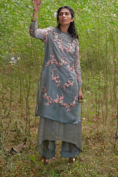 Shop Incheetape Green Cotton, Organza, Silk Linen Floral Motifs Asymmetric Kurta And Palazzo Set at Aza Fashions Shop_Incheetape_Green Cotton, Organza, Silk Linen Floral Motifs Asymmetric Kurta And Palazzo Set _at_Aza_Fashions