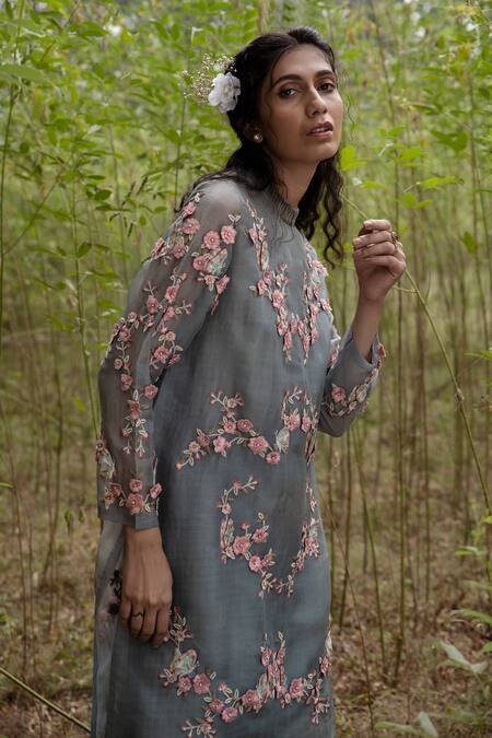 Incheetape Green Cotton, Organza, Silk Linen Floral Motifs Asymmetric Kurta And Palazzo Set Online at Aza Fashions Incheetape_Green Cotton, Organza, Silk Linen Floral Motifs Asymmetric Kurta And Palazzo Set _Online_at_Aza_Fashions