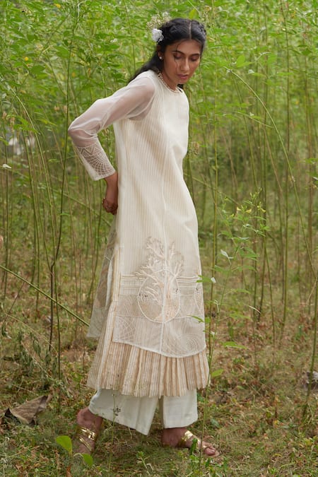 Shop Incheetape White Cotton, Organza, Chanderi Floral, Tree Asymmetric Kurta And Palazzo Set at Aza Fashions Shop_Incheetape_White Cotton, Organza, Chanderi Floral, Tree Asymmetric Kurta And Palazzo Set _at_Aza_Fashions