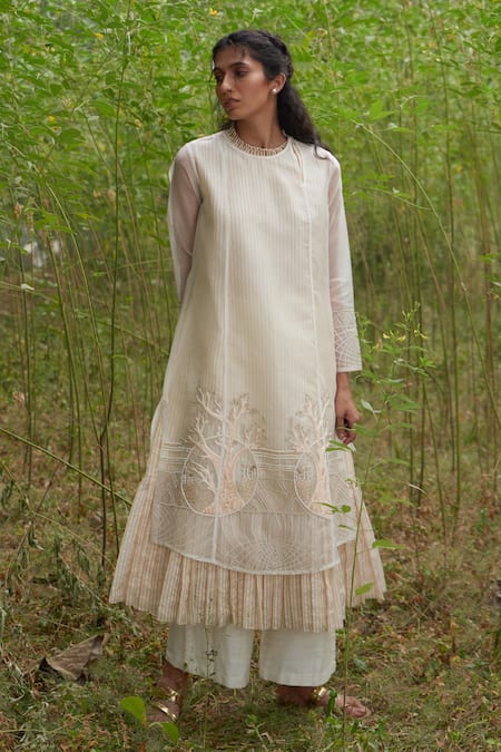 Incheetape White Cotton, Organza, Chanderi Floral, Tree Asymmetric Kurta And Palazzo Set Online at Aza Fashions Incheetape_White Cotton, Organza, Chanderi Floral, Tree Asymmetric Kurta And Palazzo Set _Online_at_Aza_Fashions