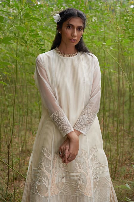 Shop Incheetape White Cotton, Organza, Chanderi Floral, Tree Asymmetric Kurta And Palazzo Set Online at Aza Fashions Shop_Incheetape_White Cotton, Organza, Chanderi Floral, Tree Asymmetric Kurta And Palazzo Set _Online_at_Aza_Fashions