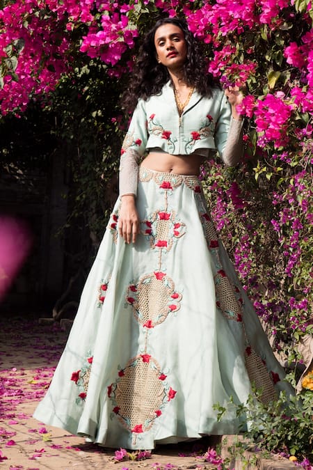 Incheetape_Blue Silk, Organza Floral Motifs Lapel Collar Embroidered Jacket And Lehenga Set _Online_at_Aza_Fashions